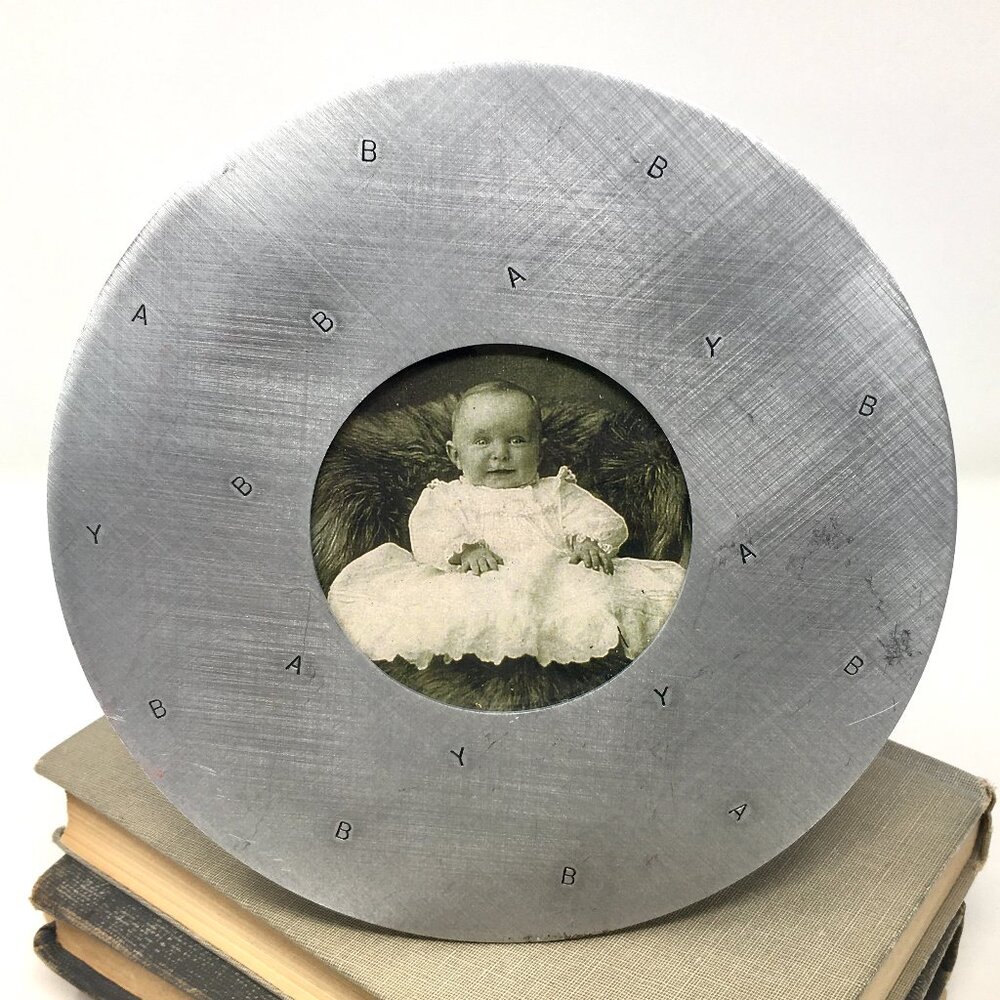 Handmade Round Brushed Metal Engraved Baby Artist Signed Photo Frame